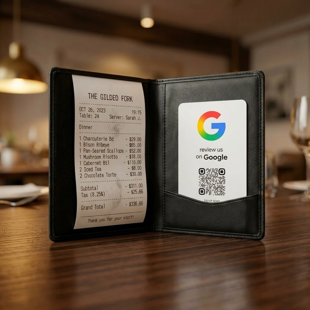 The card tucked into the pocket of a leather bill folder on a restaurant table, with the itemised receipt on the facing side.
